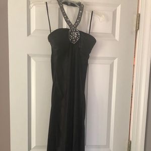 Black satin gown with beaded halter